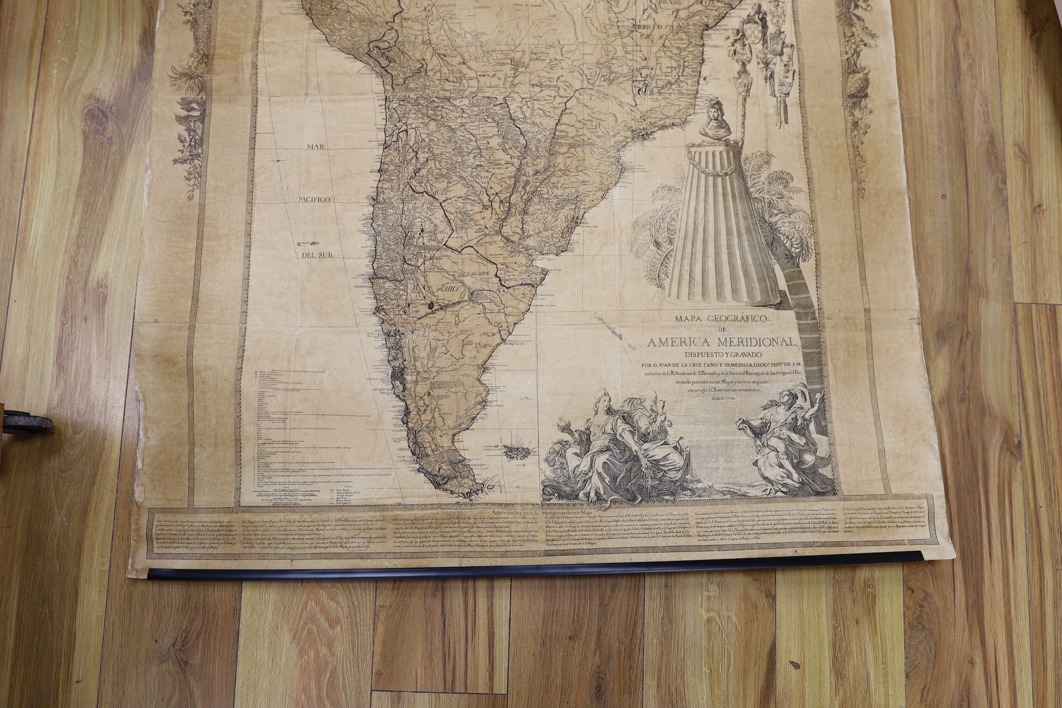 A map of South America laid on canvas, 97cm wide